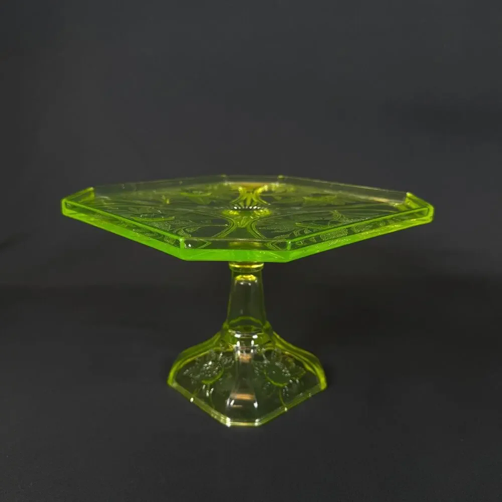 Vintage large vaseline Uranium Glass green Cake Stand flowers Pattern h6